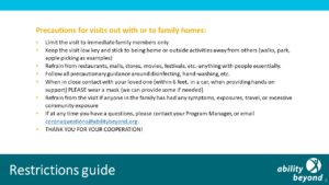 Precaustions for visits out with family, or to family homes. These precautions are stated in the article